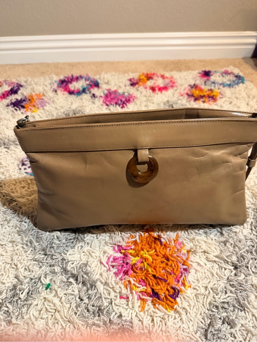 Vintage 1970’s Classic Taupe Leather Shoulder Bag with Tortoiseshell Accent